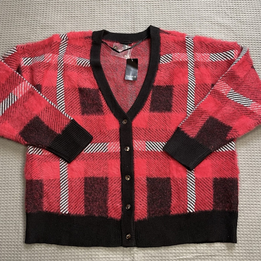 New Torrid Luxe Cozy Eyelash Plaid Cardigan Sweater 2 (2X) Womens Red Holiday